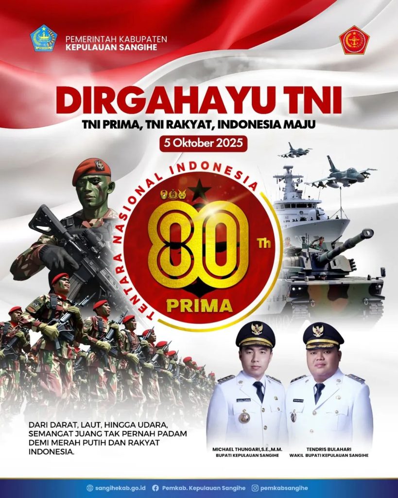 Pemerintah Daerah Kabupaten Kepulauan Sangihe mengucapkan Selamat Hari Ulang Tahun ke-80 Tentara Nasional Indonesia TNI Prima, TNI Rakyat, Indonesia Maju