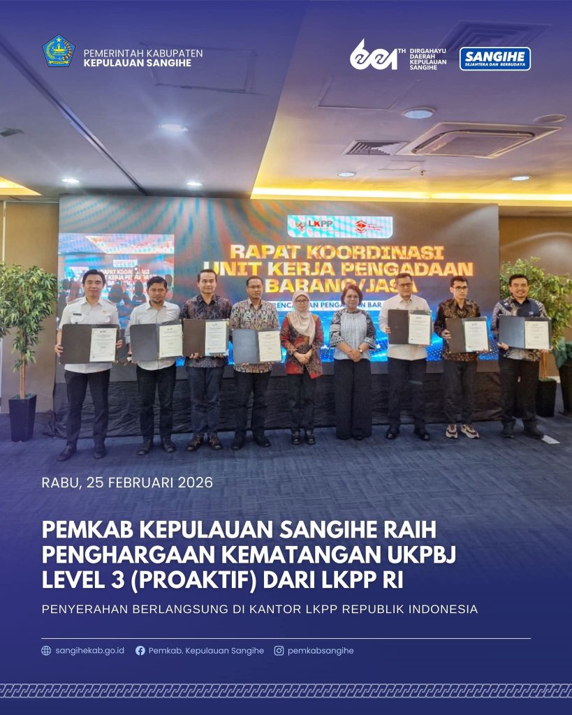 Pemkab Kepulauan Sangihe raih Penghargaan Kematangan UKPBJ Level 3 (Proaktif) dari LKPP RI
