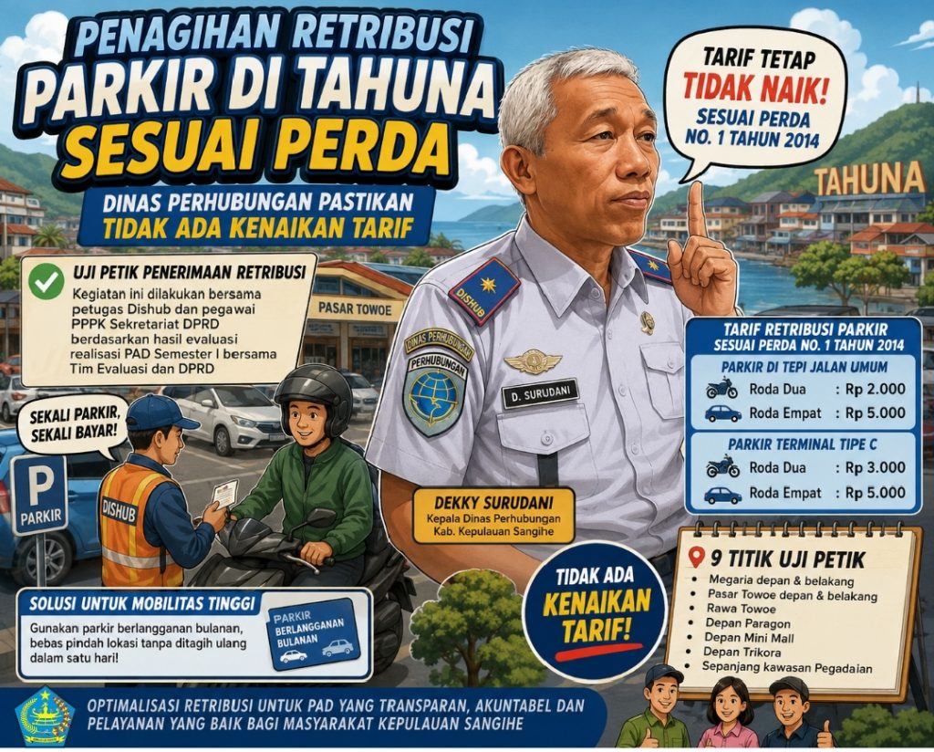 Penagihan Retribusi Parkir di Tahuna Sesuai Perda, Dinas Perhubungan Pastikan Tidak Ada Kenaikan Tarif