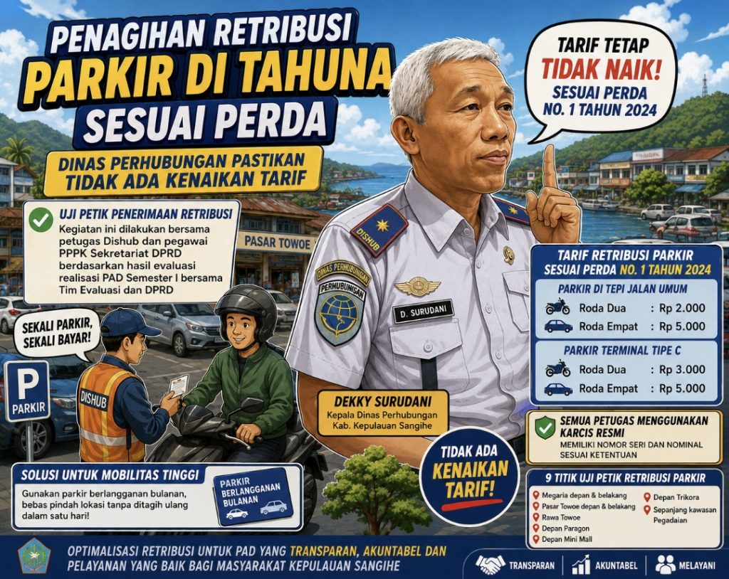 Penagihan Retribusi Parkir di Tahuna Sesuai Perda, Dinas Perhubungan Pastikan Tidak Ada Kenaikan Tarif